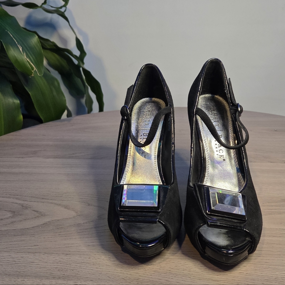WHBM Carmen Black Suede Platform Ankle Strap Open Toe Heels, 7.5M